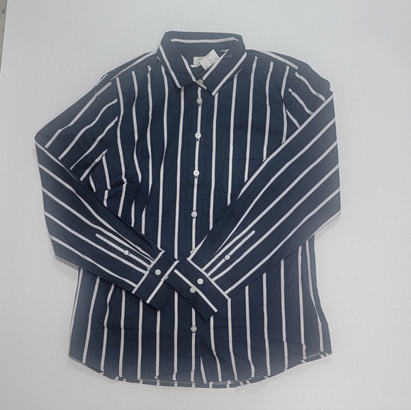 J. Crew Factory Tops - J Crew Factory Navy and White Striped Women's Button-Down Shirt Size L NWT